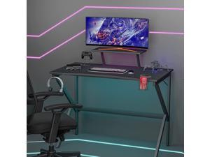 Gaming Desk with Monitor Shelf, 39 Inch Ergonomic Gaming Computer Desk, K-Shaped Gaming Table Desk with Cup Holder and Headphone Hook Gamer Workstation for Bedroom, E-Sports Use, Black