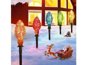 Christmas Lights Jumbo C9 Outdoor Lawn Decorations with Pathway Marker Stakes, 6.5 Feet Mini String Lights Covered Jumbo Glitter Multicolor Light Bulb for Holiday Outside Yard Garden Decor, 5 Lights