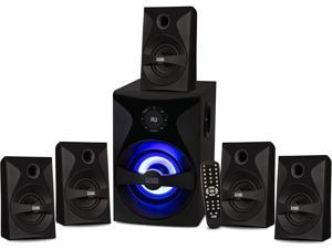 Bluetooth 5.1 Surround Sound System with LED Light Display, FM Tuner, USB and SD Card Inputs - 6-Piece Home Theater Speaker Set, Includes Remote Control - AA5400 Black