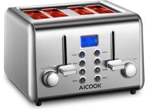 AICOOK Toaster 4 Slice, LCD Display Toasters with 4 Extra Wide Slots, 6 Browning Settings, Stainless Steel, Silver