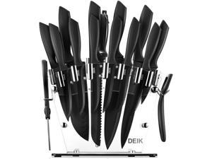 Deik Kitchen Knife Set, 16 Pieces Black Knife Set with Acrylic Stand, No Rust Super Sharp Knife Block Set