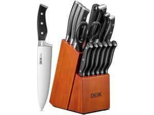 Deik Knife Set, 15 pcs Knife Block Set Stainless Steel Knife with Wooden Block and Sharpener, Super Sharp Cooking Knives(Brown/Stainless Steel)