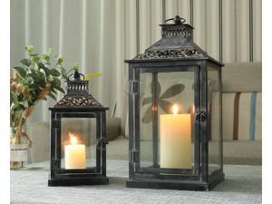 JHY DESIGN Set of 2 Antique Grey Brush Decorative Lanterns Metal Candle Lanterns for Indoor Outdoor Events Paritie and Weddings Vintage Style Hanging Lantern(with Glass)