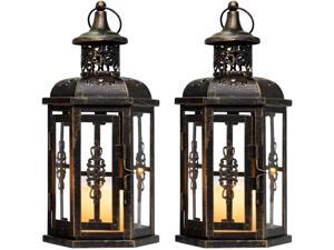 JHY DESIGN Set of 2 Decorative Lanterns -10 inch High Vintage Style Hanging Lantern Metal Candleholder Black with Gold Brush