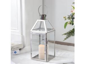 JHY Design Silver Decorative Lanterns 16inch High Stainless Steel Candle Lanterns with Tempered Glass for Indoor Outdoor Events Parities and Weddings