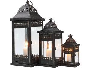 JHY DESIGN Set of 3 Decorative Candle Lanterns20&14.5"&9.5" High Vintage Style Hanging Lantern, Metal Candleholder for Indoor Outdoor, Events, Parities and WeddingsBlack with Gold Brush