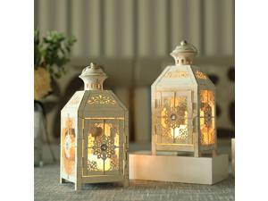 JHY DESIGN Set of 2 Decorative Candle Lantern 9.5" High Metal Candle Lantern Vintage Style Hanging Lantern for Wedding Parties Indoor Outdoor(White with Gold Brush)