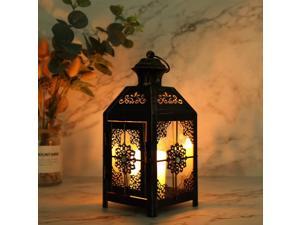 JHY DESIGN Decorative Lantern 9.5" High Metal Candle Lantern Vintage Style Hanging Lantern for Wedding Parties Indoor Outdoor(Black with Gold Brush)