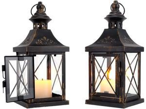 Set of 2 Decorative Candle Lantern 11'' High Metal Candle Holder Hanging Lantern Perfect for Home Decor Halloween Living Room Parties Events Tabletop Indoors Outdoors (Black with Gold Brush)