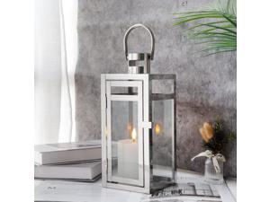 Stainless Steel Decorative Lantern 12'' High Metal Hanging Lantern with Clear Glass Panels Perfect for Home Decor Living Room Parties Events Tabletop Indoors Outdoors (Sliver)