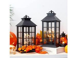 JHY DESIGN Set of 2 Decorative Hanging Lantern 12''High Plastic Lantern Holder Battery Powered with LED Bulb and 6H Timer Lights for Balcony Garden Hallway Indoor OutdoorSquare Stripe
