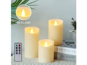JHY DESIGN Set of 3 Real Wax Flameless Candles 3D Effect LED Candles Flickering Battery Candles with 8-Key Remote Control Timer for Home Wedding Party Kitchen(Pivoted Flame-Shaped Tip)