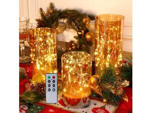JHY DESIGN Set of 3 Battery Table Lamp 6/8/10inch High Glass Decorative Lights with Fairy String Lights Battery Powered 8-Key Remote Control for Home Party Wedding Indoor Outdoor (Champagne Plated)
