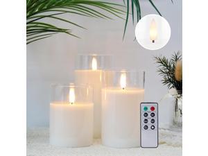 JHY DESIGN Set of 3 Glass Wax Flameless Candles 3D Effect LED Candles White Wax Flickering Battery Candles with 8-Key Remote Control Timer for Home Wedding Party Christmas(Pivoted Flame-Shaped Tip)