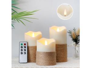 JHY DESIGN Set of 3 Real Wax Flameless Candles with Hemp Rope 3D Effect LED Candles Flickering Battery Candles 8-Key Remote Control Timer for Home Wedding Party Kitchen(Pivoted Flame-Shaped Tip)