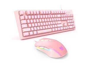 Onikuma Pink Wired Gaming Keyboard and Mouse Combo, 3-Color LED Backlit Gaming Keyboard and RGB Mouse with 6 Adjustable DPI for PC/Laptop/Win7/Win8/Win10