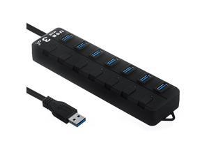 7-Port USB 3.0 Hub, High Speed USB Expander with 60cm Cable 5V Adapter, Independent Switch LED indicators Plug Play Hubs for Laptop PC, Flash Drive, Mobile HDD