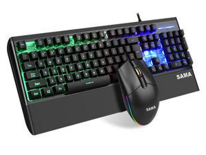 SAMA HJ9525 Gaming Keyboard and Mouse Set Mechanical Feel USB Wired Computer Keyboard RGB Effects Electroplating Wheel Glow Mouse Black