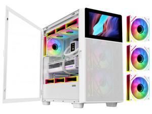 SAMA V-play ATX Mid Tower High-end Gaming Computer PC Case With 8-inch LCD Display, Tempered Glass Side Panels, Supports Multiple Cooling Configurations White