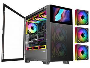 SAMA V-play ATX Mid Tower High-end Gaming Computer PC Case With 8-inch LCD Display, Tempered Glass Side Panels, Supports Multiple Cooling Configurations Black