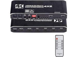 HDMI Matrix Switch 4x2, 4K HDMI Matrix Switcher Splitter 4 in 2 Out Box with EDID Extractor and IR Remote Control Support 4K HDR, HDMI 2.0b, HDCP 2.2, 4K@60Hz, 3D, 1080P