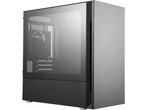 cooler master silencio s400 micro-atx tower with sound-dampening material, sound-dampened solid steel side panel, reversible front panel, sd card reader, and 2x 120mm pwm silencio fp fans