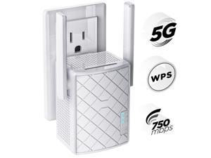 White WiFi Extender 750Mbp - 2.4 5GHz Dual Band Network - Internet Signal Booster for Home - Wireless and Wired Ethernet Port - Indoor 5g Wi-Fi Repeater Coverage up to 1500 ft Range - 32 Devices
