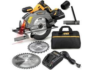 MOTORHEAD 20V ULTRA 6-1/2 Cordless Circular Saw, Lithium-Ion, Laser, LED, Edge Guide, 0-50° Bevel, Cutting Depth: 2-1/4(0°),1.65(45°), 2Ah Battery, Quick Charger, Bag, 2 Blades: 24T, 40T, USA-Based