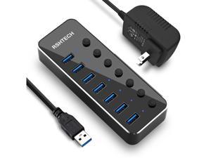USB 3.0 Hub Powered 7 Port USB Data Hub Extender Aluminum USB Splitter with Individual On/Off Switches and Universal 5V AC Adapter, 3.3ft USB 3.0 Cable (RSH-518)
