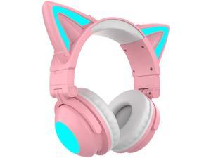 Wireless Cat Ear Headphones (7 Color Changing) with & 3.5Mm Jack, Gaming Pro, Microphone Built-In, Folding, Bluetooth&Wired Connection (Pink)