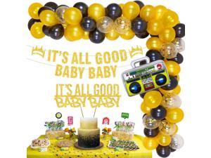 JOYMEMO Hip Hop Party Decorations Notorious Big Decoration with Its All Good Baby Baby Banner and Cake Topper Inflatable Radio Boombox Black Gold Balloon Garland Arch Kit for 90s Party Decoration