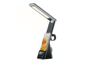 Foldable LED Desk Lamp with Wireless Charger, 3 Lighting Modes & Stepless Brightness, Adjustable Arm, USB Charging, Touch Control Eye-Caring Table Lamp Alarm Clock for Home Office Study Reading,Black