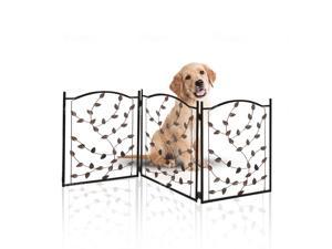Bundaloo Freestanding Metal Folding Pet Gate | Large Portable Panels for Dog & Cat Security | Foldable Enclosure Gates for Puppies | Indoor & Outdoor Safety for Pets (Black Rustic, Metallic Leaf)