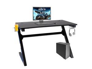 Polar Aurora Z-Shaped Gaming Desk 45.1" W x 27.4" D Home Office Computer Table, Black Gamer Workstation with Cup Holder, Headphone Hook and 2 Cable Management Holes Blue
