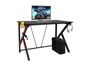 Polar Aurora K-Shaped Gaming Desk 45.1" W x 28.6" D Home Office Computer Table, Black Gamer Workstation with Cup and Headphone Hooks, Cable Management Hole and Built-in Multi-Function Socket