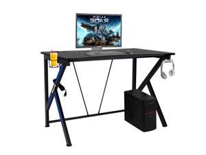 Polar Aurora K-Shaped Gaming Desk 45.1" W x 28.6" D Home Office Computer Table, Black Gamer Workstation with Cup and Headphone Hooks, Cable Management Hole and Built-in Multi-Function Socket Blue