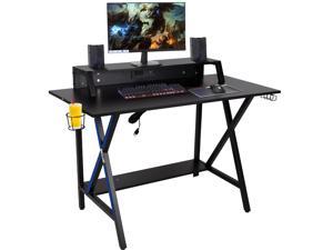 Polar Aurora X-Shaped Gaming Desk 47.5" W x 23.5" D Home Office Computer Table, Black Gamer Workstation w/a Monitor Stand, Cable Management Hole and Built-in Multi-Function Socket Blue