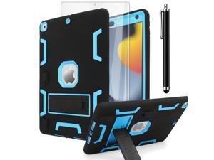 SZYG iPad 10.2 Case iPad 9th Generation 2021/ iPad 8th Generation 2020/ iPad 7th Generation 2019 Case, Shockproof Heavy Duty Rugged Stand Case Protective Cover with Screen Protector. Black/Blue