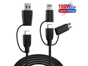 Multi Fast Charging Cable PD 100W Fast Charger Nylon Braided Cord 5-in-1 5A USB A/Type C to Lightning +Type C+Micro USB Charger Adapter for Android/iPhone/iPad Pro/iOS/Samsung (3FT).