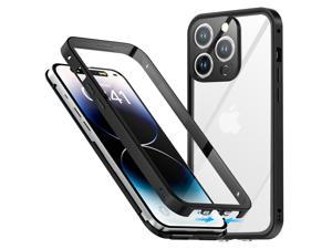 SZYG for iPhone 14 Pro Case Double Sided Tempered Glass Full Body Protection Metal Frame Shockproof Bumper Clear Case with Camera Lens Protector. Black