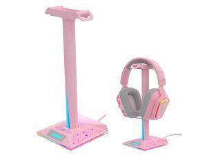 AJAZZ Pink RGB Gaming Headphone Stand with 3.5mm AUX & 2 USB Port, Touch Control 10 Lighting Mode Headset Holder for PC Gamers Desk Accessories