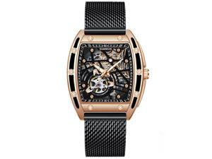 GUANQIN Men Japan Automatic Mechanical Luminous Tonneau Design Stainless Steel Wrist Watch Skeleton Tourbillon Sapphire Crystal Waterproof Self-Winding Clock Rose Gold/Black
