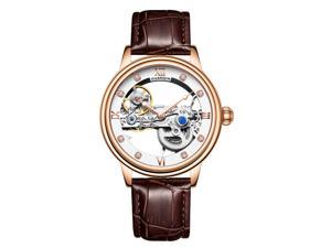 Guanqin Men Luminous Skeleton Analog Automatic Self Winding Mechanical Wrist Watch with Leather Strap Gold White