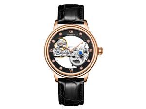 Guanqin Men Luminous Skeleton Analog Automatic Self Winding Mechanical Wrist Watch with Leather Strap Gold Black