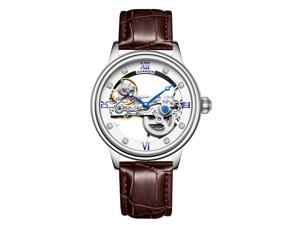 Guanqin Men Luminous Skeleton Analog Automatic Self Winding Mechanical Wrist Watch with Leather Strap