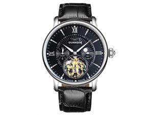 Guanqin Men's Skeleton Watch Male Automatic Self-Winding Mechanical Analog Display Leather Wrist Watch Moon Phase Luminous Waterproof Silver Black