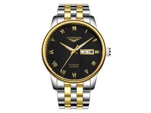 GUANQIN Men Analog Automatic Self-Winding Mechanical Stainless Steel Leather Business Wrist Watch Date Luminous Waterproof Gold Black