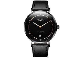Guanqin Men Steel Leather Band Analog Quartz Wrist Watch Date Luminous Black/Black