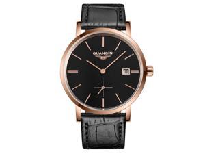 Guanqin Men's Calendar Analog Automatic Self Winding Mechanical Wrist Watch with Stainless Steel Case and Leather Strap Rose Gold Black