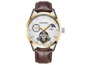 Guanqin Men's Moon Phase Skeleton Analog Automatic Self Winding Mechanical Wrist Watch with Stainless Steel Bracelet Gold Brown